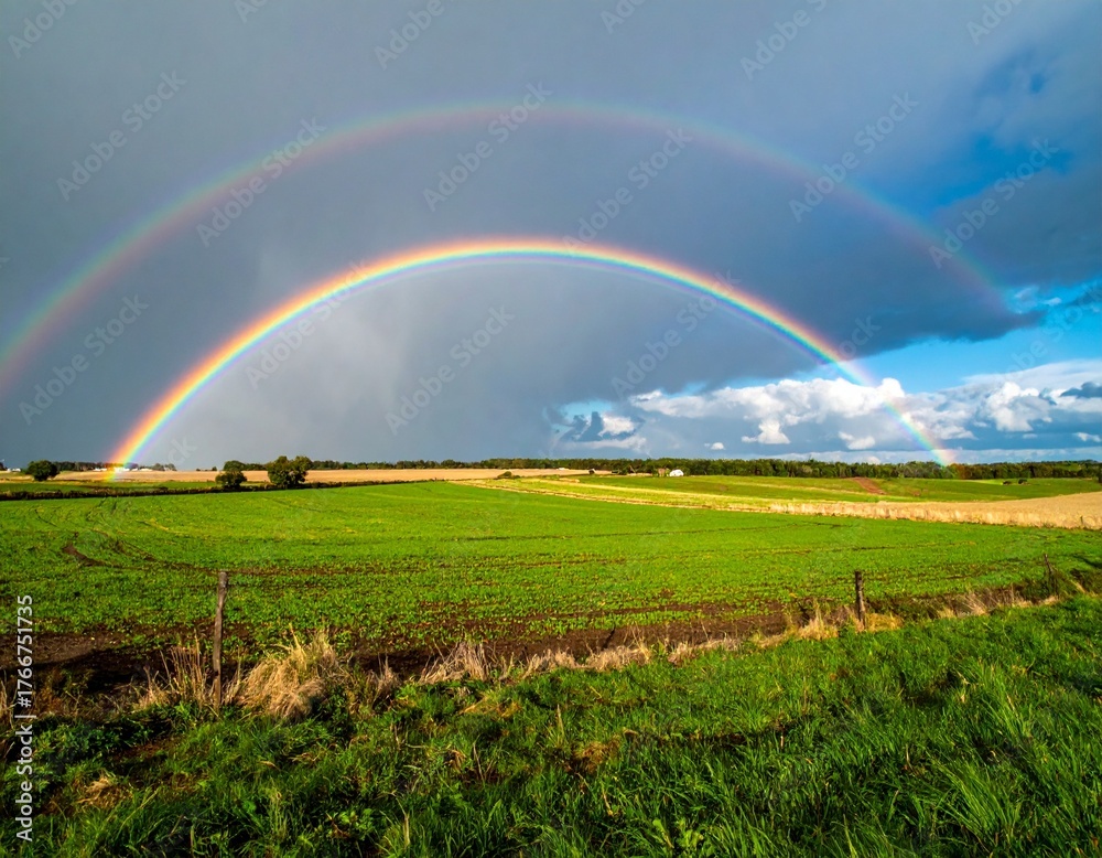 Naklejka premium Bright rainbow arching across green field after rain showing hope and renewal