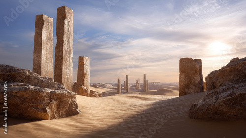 Fototapeta Naklejka Na Ścianę i Meble -  Breathtaking Desert Landscape Featuring Remnants of an Ancient City Surrounded by Serene Sand Dunes and Majestic Rock Formations at Sunset