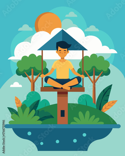 A young man practices yoga on the openair platform of his treehouse taking advantage of the peacefulness and natural surroundings of the island.. Vector illustration