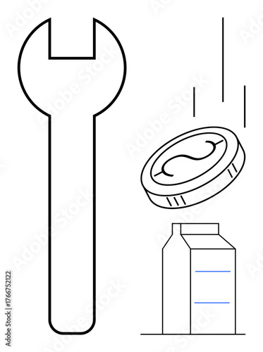 Wrench beside coin and milk carton symbolizing maintenance, expenses, resource management, consumer economy. Ideal for repair, cost, sustainability, budgeting, supply chain resource allocation