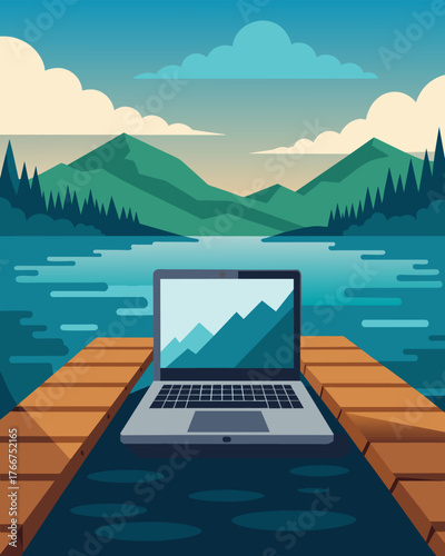 A wellloved laptop sitting atop a rustic wooden dock the perfect spot to admire the peaceful lake view.. Vector illustration