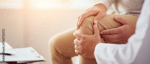 The knee examination showing doctor comforting patient during consultation in bright clinic
