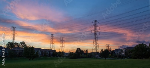 The Transmission Towers Overlooking a Suburban Park at Colorful Sunset