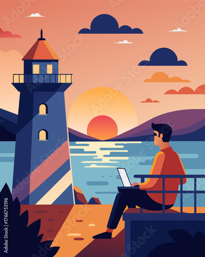 As the day comes to an end a remote worker turns off their laptop and heads outside to the lighthouses balcony to enjoy a stunning sunset over the water.. Vector illustration