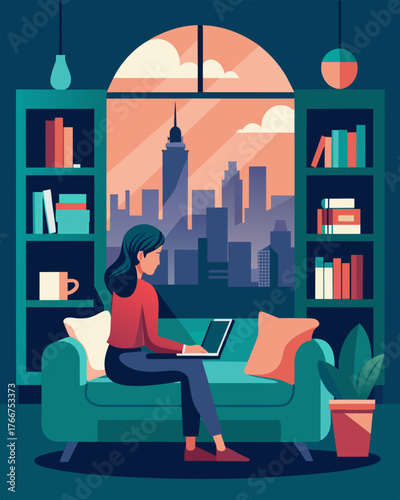 As the city bustled below the freelancer retreated to her peaceful loft oasis complete with an envyworthy bookshelf and plush velvet sofa.. Vector illustration