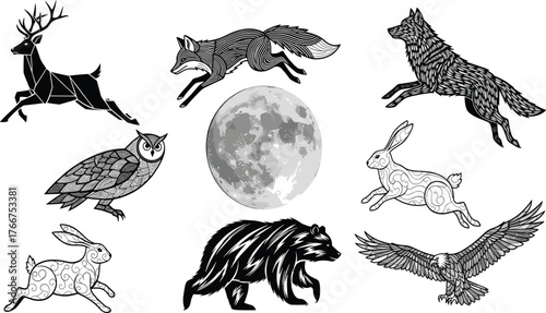 Set of Black and White Wildlife Vector Illustrations, Running Forest Animals Silhouette and Moon Graphic, Vintage Engraving Nature Art.