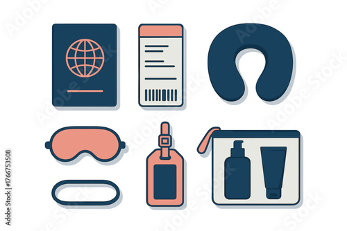 Set of essential travel accessories including passport boarding pass and neck pillow