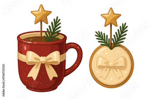 Festive hot drink mug and round cookie with bow and star topper