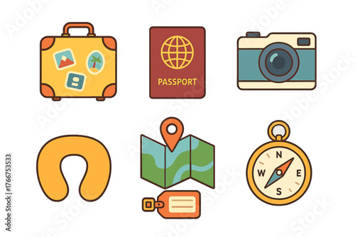 Set of travel and vacation icons including suitcase passport camera and map