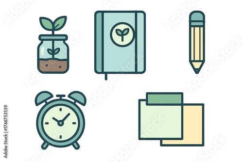 Set of gardening and study icons including sprout, notebook, clock, and pencil