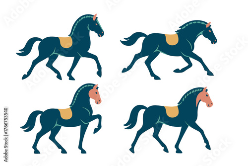 Four stylized dark blue horses in various dynamic gaits