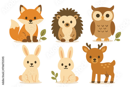 Cute cartoon forest animals collection featuring fox, owl, hedgehog, and deer