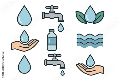 Water conservation and resource icons featuring drops, faucets, and hands