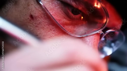 Intense close-up of a craftsman focused on intricate work in a red-lit environment