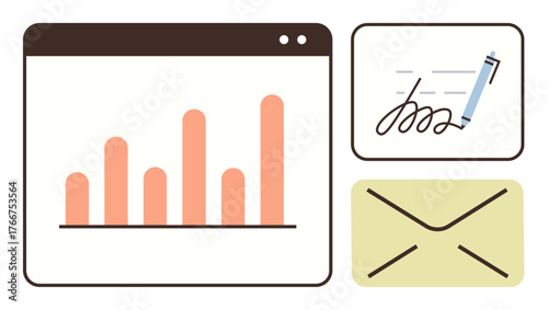 Bar graph in a browser, pen with signature, and envelope representing data analysis, e-signatures, and email. Ideal for business, technology, communication, organization e-commerce workflow