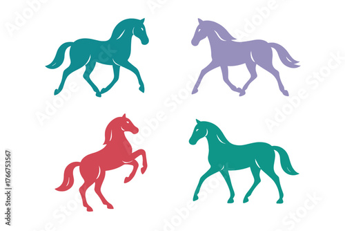 Four stylized horse silhouettes in various dynamic poses and colors