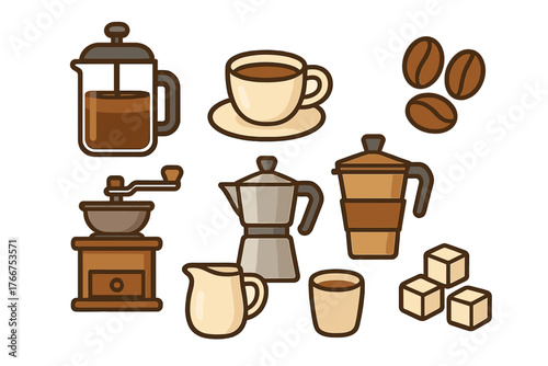 Coffee making equipment and beverage icons set