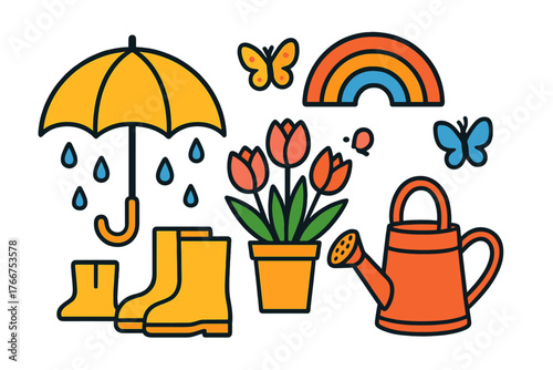 Vibrant spring gardening and weather icons collection