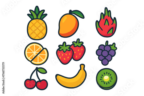 Collection of colorful tropical and common fruit icons in simple style