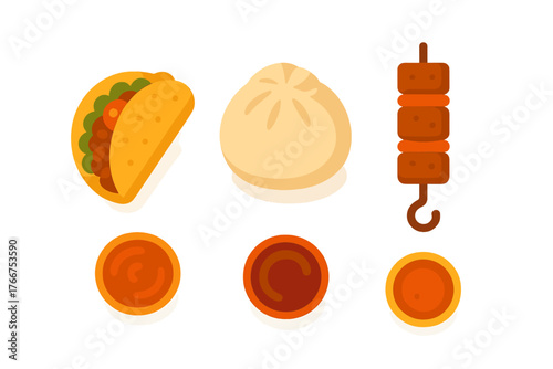Assortment of international street food items with dipping sauces