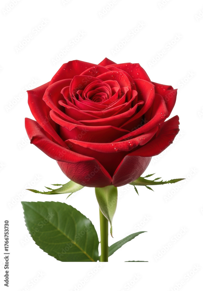 Fototapeta premium Magnificent red rose in full bloom, crimson velvety petals with glistening dewdrops, vibrant green leaves against a transparent background, studio lighting. Concept of natural beauty and elegance