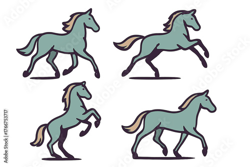 Four stylized horse icons showing dynamic poses and various gaits