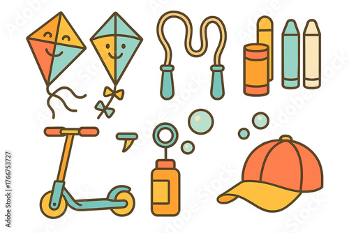 Colorful icons for summer outdoor play and childhood recreation activities