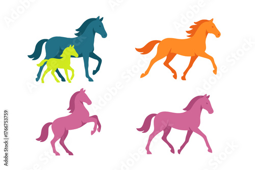 Stylized horses and foal silhouettes in vibrant solid colors