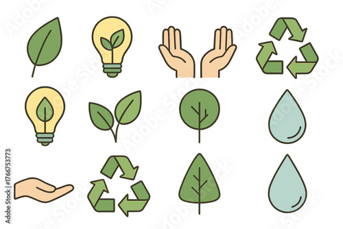 Set of ecology and environment icons including leaves, light bulbs, hands, and water drops