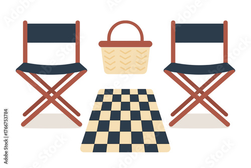 Two director chairs with picnic basket and checkered blanket setup