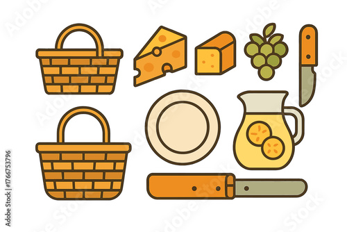 Picnic food and basket icons set for outdoor meal