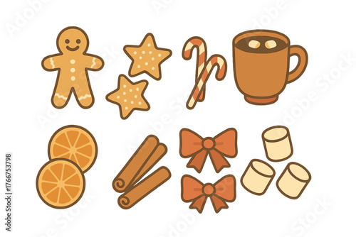 Cozy assortment of warm winter holiday food and decorative elements