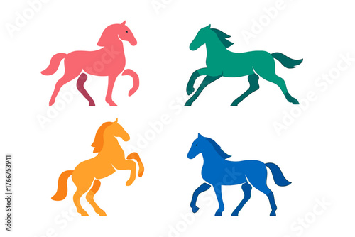 Four stylized horse silhouettes in vibrant colors showing dynamic poses