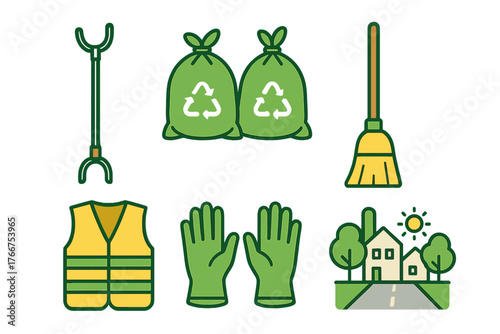 Set of icons for litter cleanup and recycling equipment in environmental work