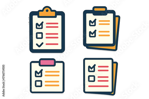 Clipboard icons set with checkmarks and empty task boxes