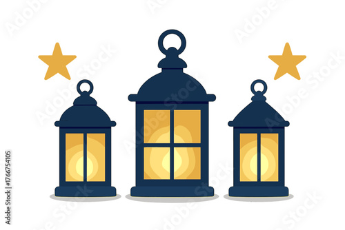 Three glowing blue lanterns with decorative stars on white background