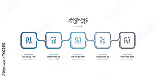 5 steps infographic template showcasing a modern, horizontal infographic template featuring a five-step process indicated by interconnected blue and gray rounded squares with numbers and text.