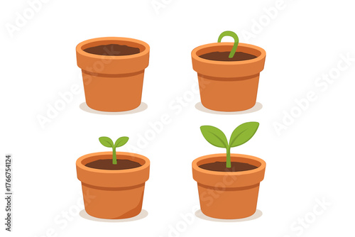 Progression of plant development from seed to young sprout in clay containers