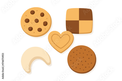 Five assorted sweet baked cookies and biscuits in various shapes