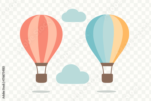 Two colorful hot air balloons floating among stylized clouds