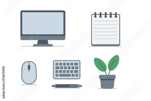 Modern desk accessories and essential office supplies icons set
