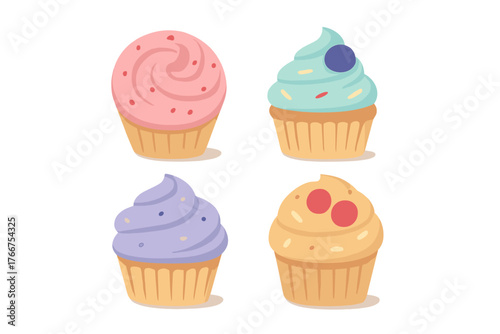 Four colorful frosted cupcakes with assorted toppings