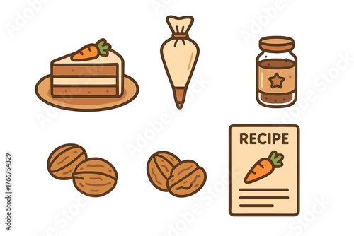 Set of icons representing ingredients and tools for baking carrot cake
