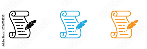Timeless scroll and quill icon set, perfect for conveying history, knowledge, and creative writing. Classic black, vibrant blue, and warm orange options evoke tradition and modern appeal.