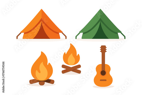 Set of stylized icons featuring camping gear, campfire, and musical instrument