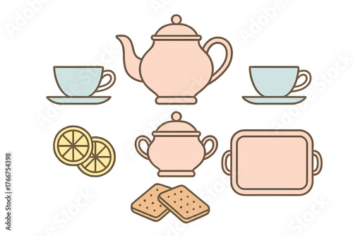 Pastel colored tea party service icons featuring lemon and sweet biscuits