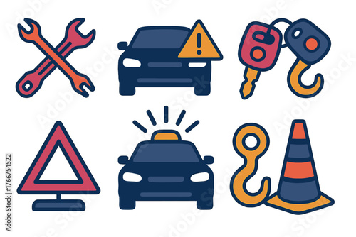 Set of essential symbols for vehicle maintenance, roadside assistance, car repair, and emergency safety
