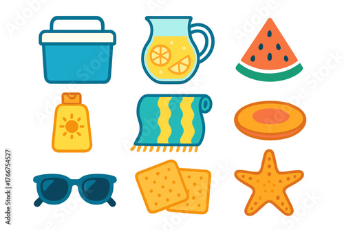 Summer beach vacation essentials set including cooler, sunscreen, sunglasses, and watermelon
