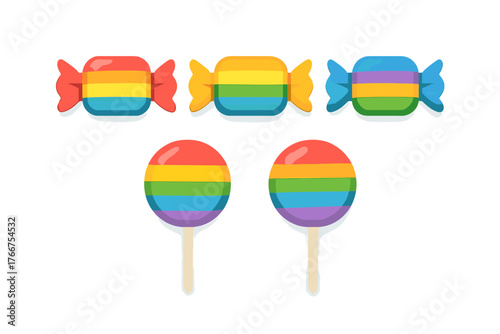 Colorful wrapped candies and round lollipops with rainbow stripes