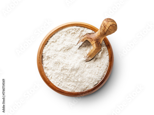 Photos Wheat flour in wooden bowl with spoon isolated on white background with clipping path